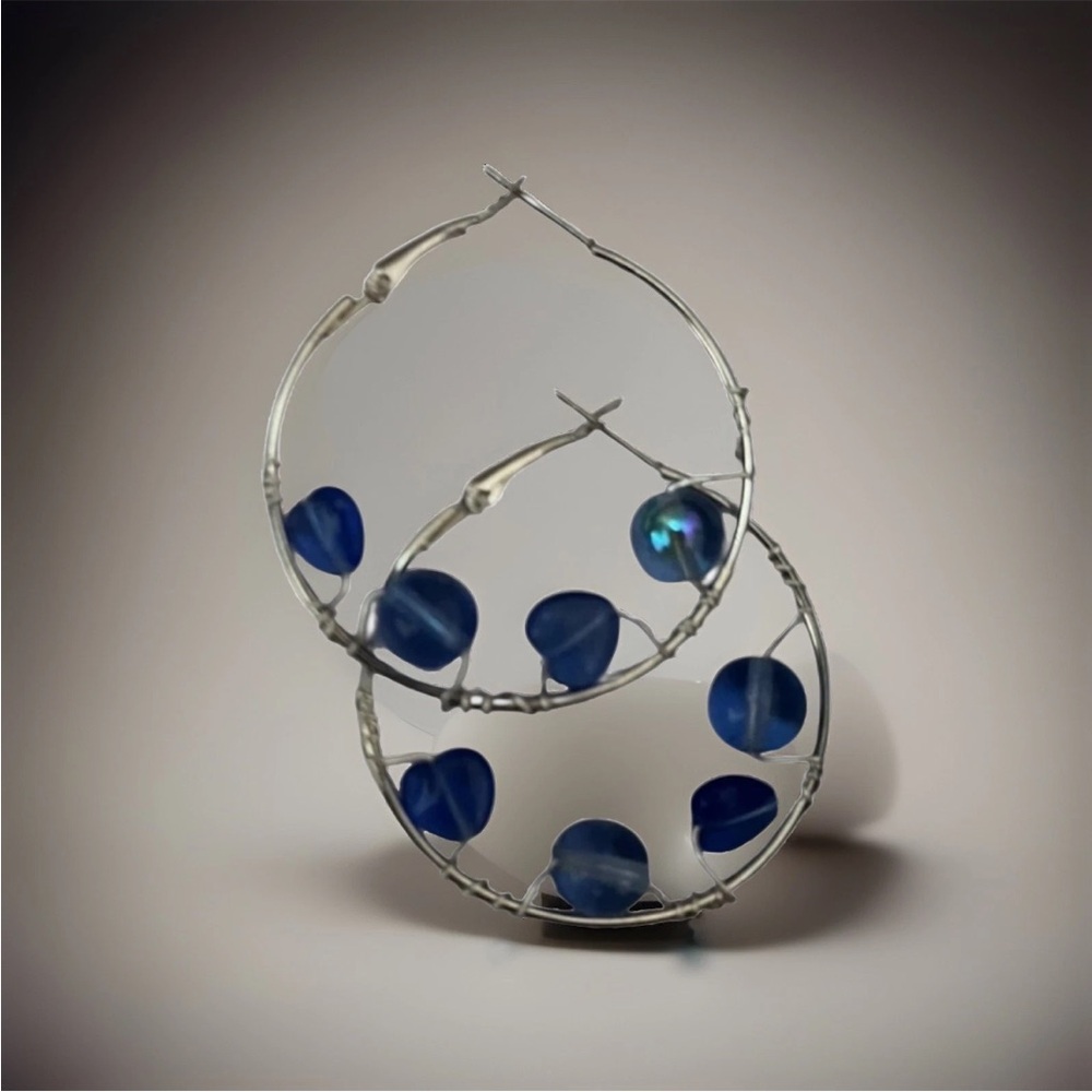 Wire Wrap Hoop Earrings Silver Toned Blue Heart Beads Handmade Artisan Jewelry